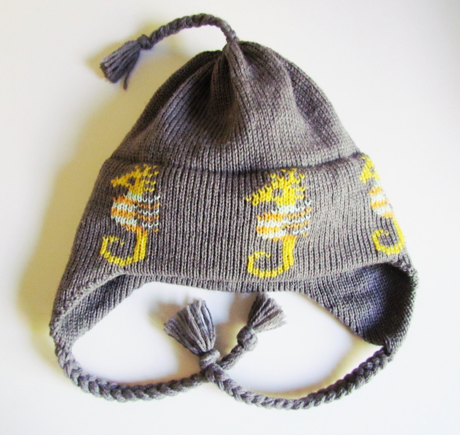 Knit Toddler Hat Sea Horse Slate Grey Yellow Orange Green Ocean Seahorse on Helmet Earflap Style Cap