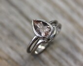 Morganite Pear and 14k Palladium White Gold Engagement RIng and Wedding Band Wedding Set, Made To Order