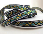 3 yards ZIGGURAT Jacquard trim in turquoise, yellow, white on black. Black edges. 9/16 inch wide. 954-A