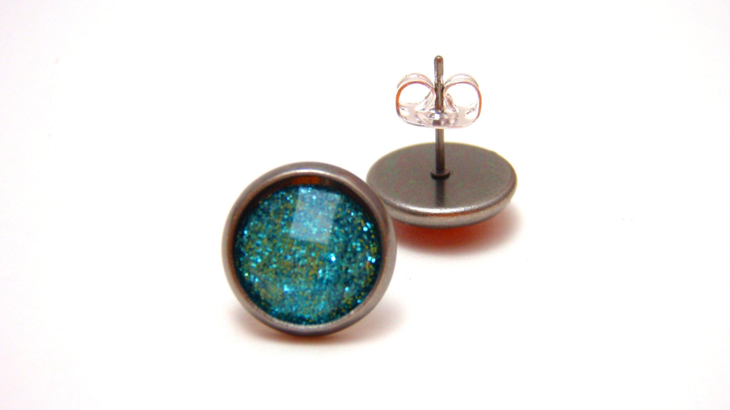 Teal Glitter Studs - Super sparkly bright turquoise blue glitter rhinestones on gunmetal post earrings