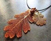 Real Double Leaf Pendant Necklace - Oak  - Copper and 24k Gold - Freshwater Pearl