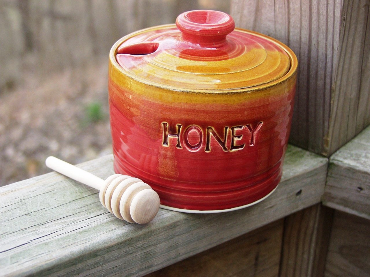 Large Honey Jar Pot with Wood Dipper Ruby Amber Ready to ship