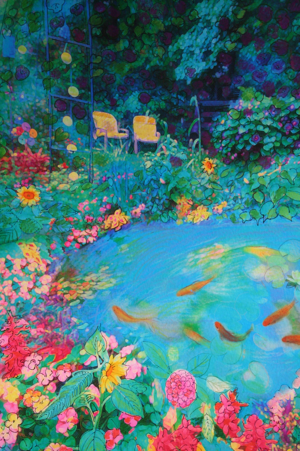 Summer garden, 11x14, Fine art photo mixed media, original with paint and drawing, gardens, blue decor