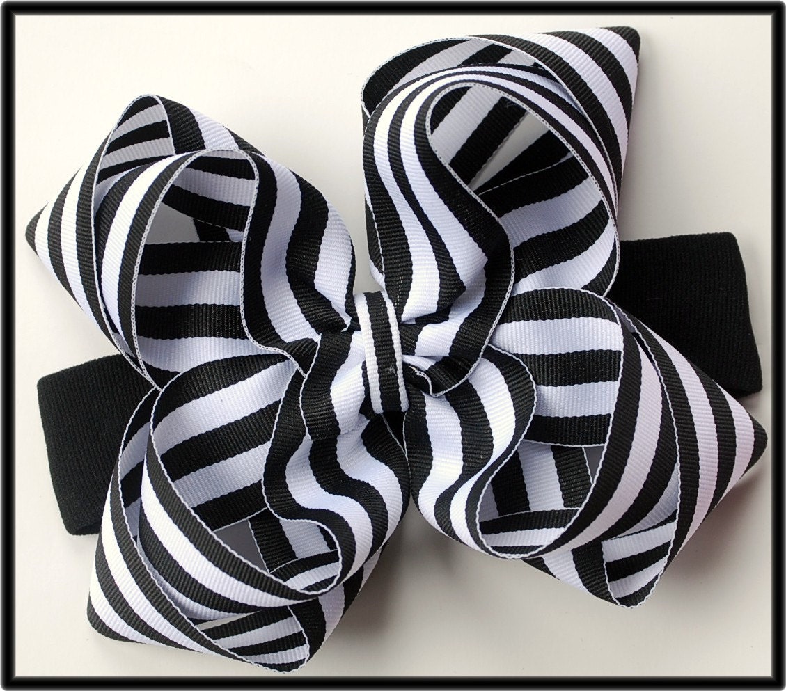 boutique double layered BIG BLACK and white STRIPES hair bow on a headband