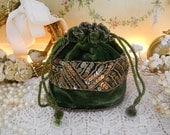 vintage 1970s velvet beaded sequined drawstring bag pouch purse, moss woodland green, satin lining, silver beads and sequins