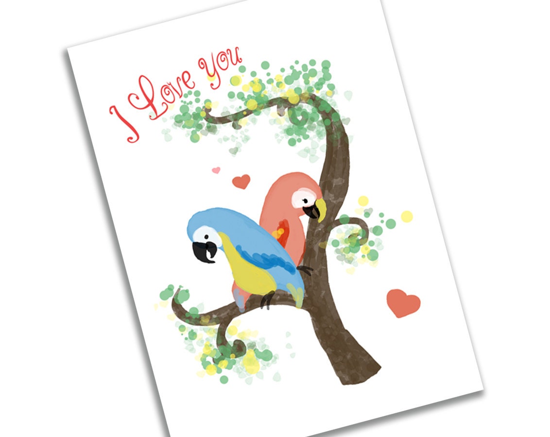 Valentines Day Card- I love You Parrots in a tree