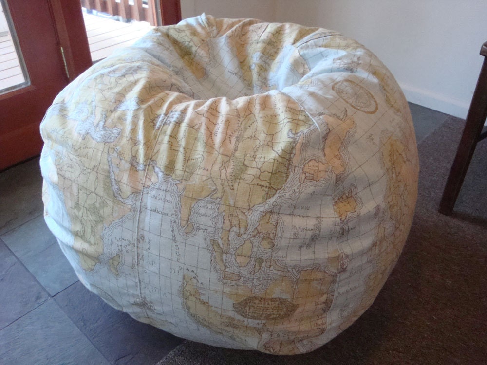 Vintage Style Globe and World Map Bean Bag chair ocean blue and green made to order