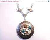 Sale 25% Off Steampunk Vintage Watch Movement Locket Necklace With Sparrows And Crystals