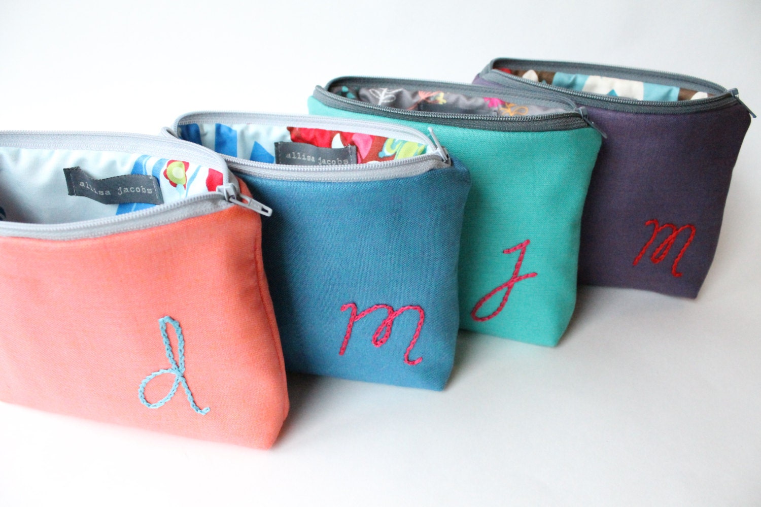 Monogrammed Make Up Bags, Bridesmaid Clutch, Personalized Gift, Cosmetic Bags, Set of 5, Aqua Coral Blue Purple