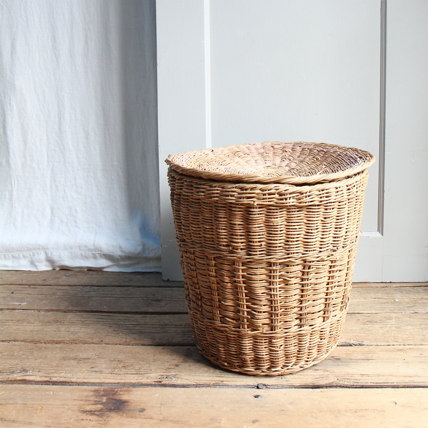 Vintage Handwoven Laundry Basket / Country, Storage, Pink, Stripe