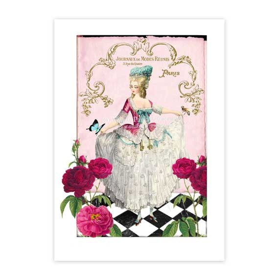 Marie Antoinette, Giclee, Art Print, Lace Corset, Pink Roses, Butterfly, Bee, French, Harlequin Pattern