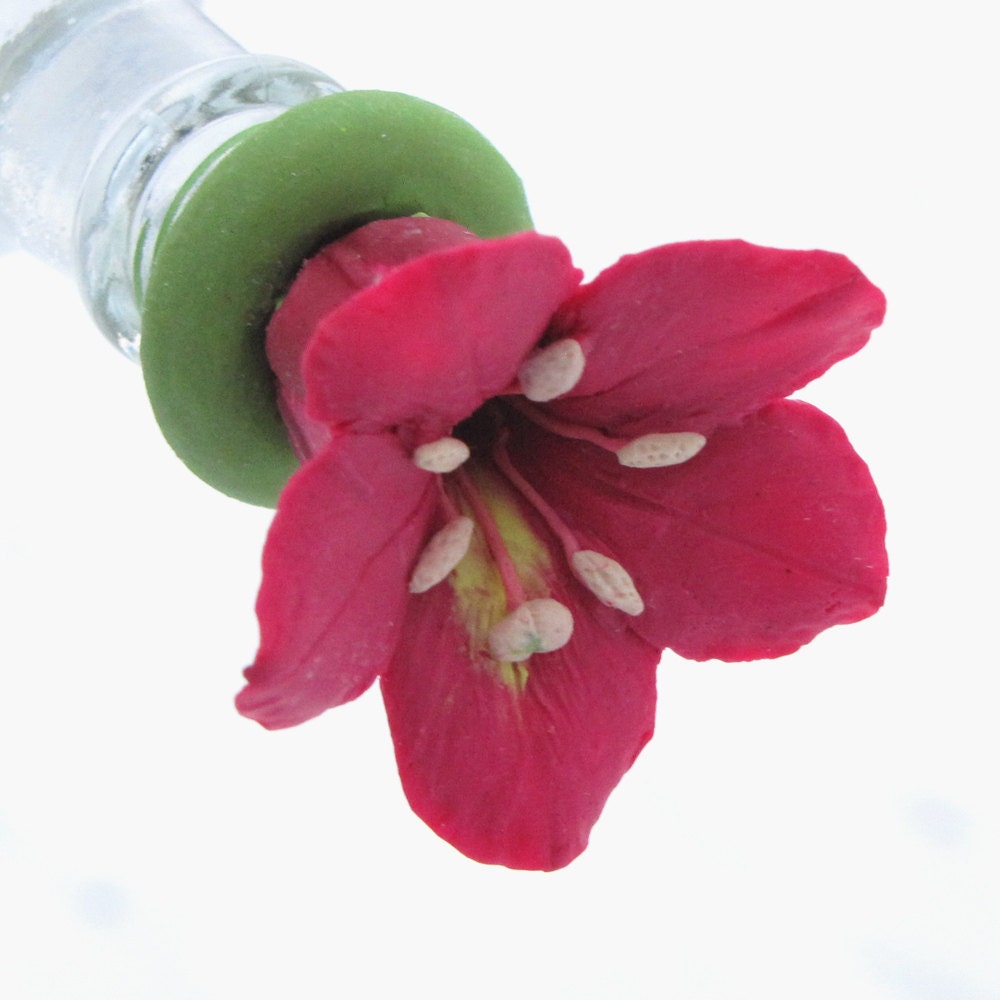 HUMMINGBIRD FEEDER--Red Weigela on a Simple Clear Glass Bottle