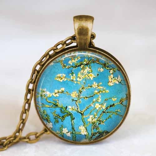 Van Gogh Almond blossom painting blue  bronze pendant , Van Gogh blossoming almond tree, Van Gogh jewelry, resin pendant