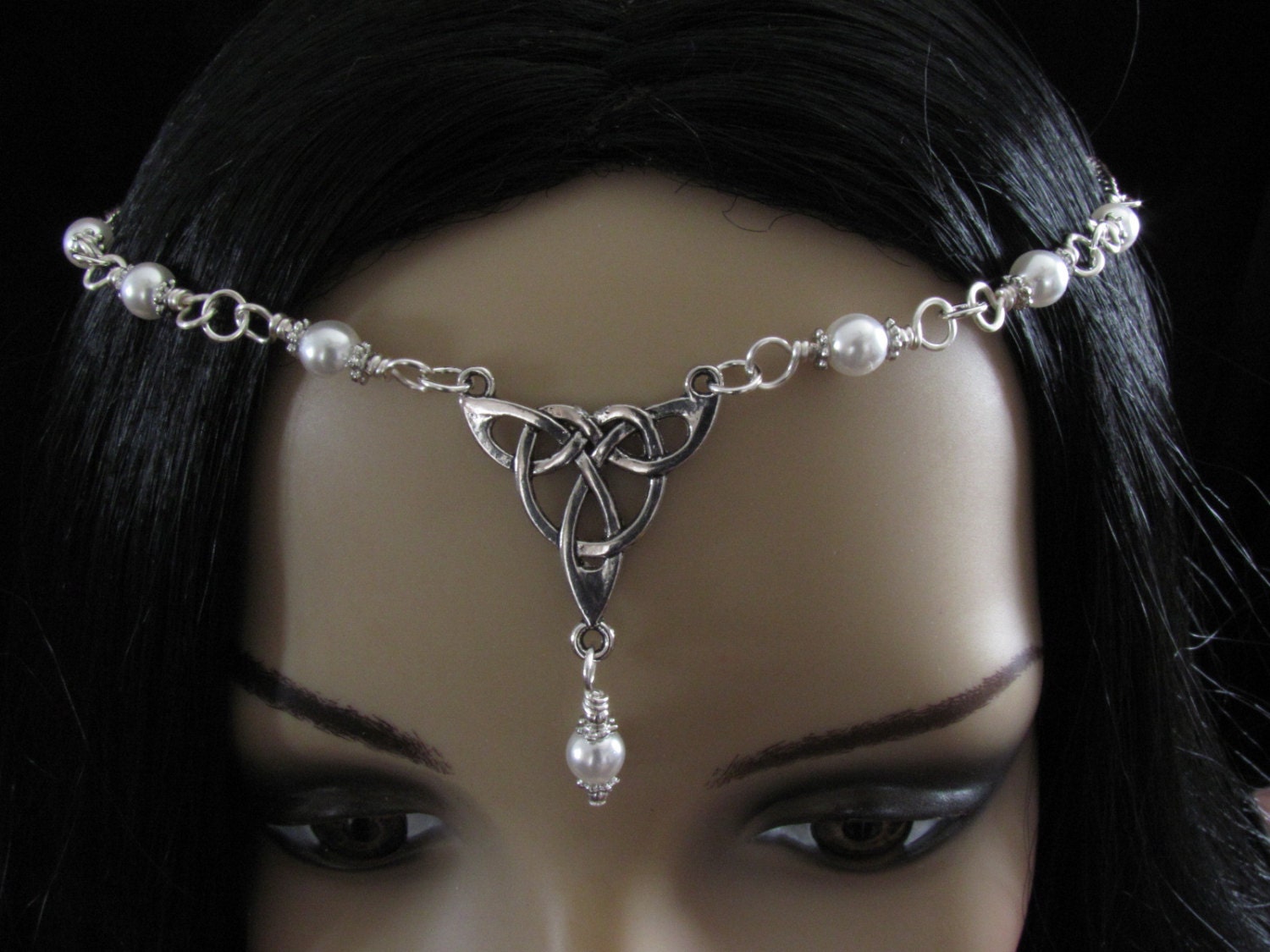 Head Chain Headpiece Pearl Head Chain Bridal Headdress silver head piece headchain Triquetra  Circlet