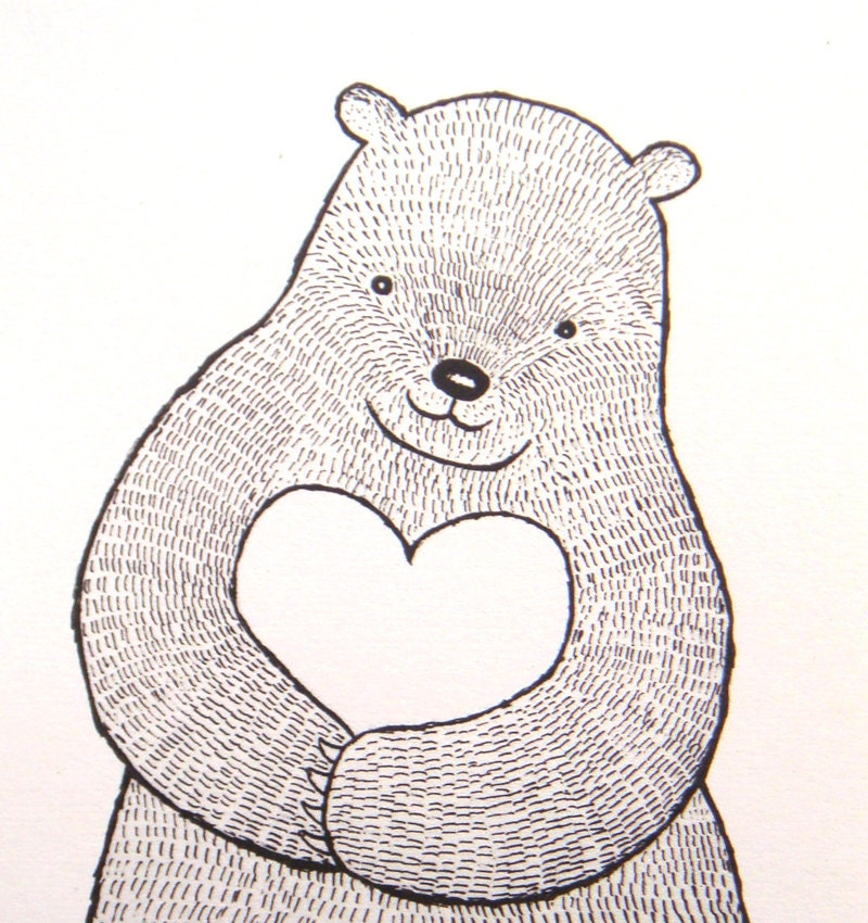 Ink Drawing Print Bear Love Illustration Big Heart Black & White Woodland Rustic Home Decor 5x7