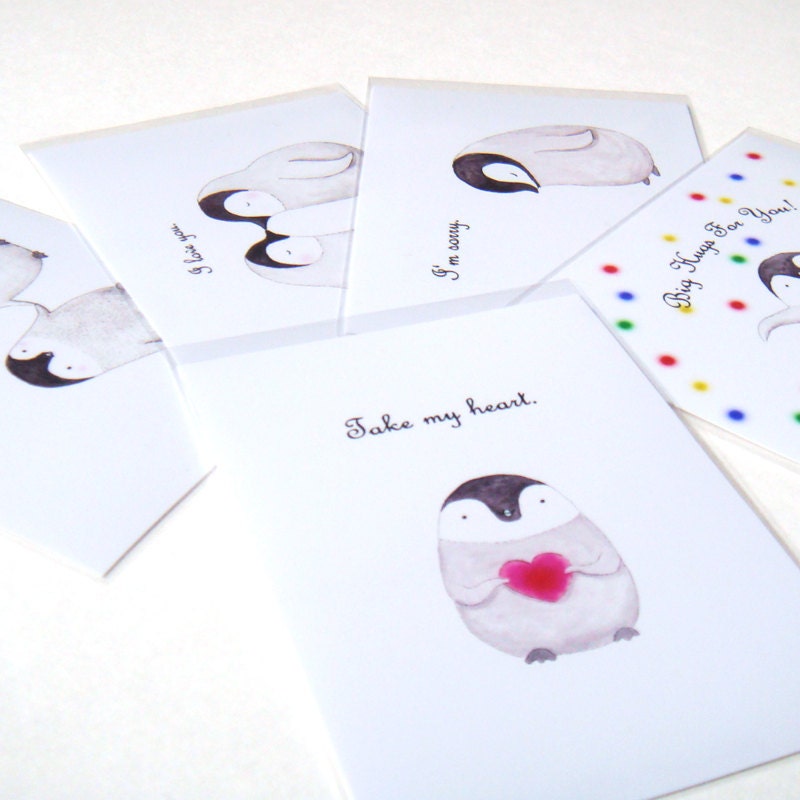 ACEO Set of 5 Penguin Illustration Mini Print Black & White Cute Relationship Love Art Card