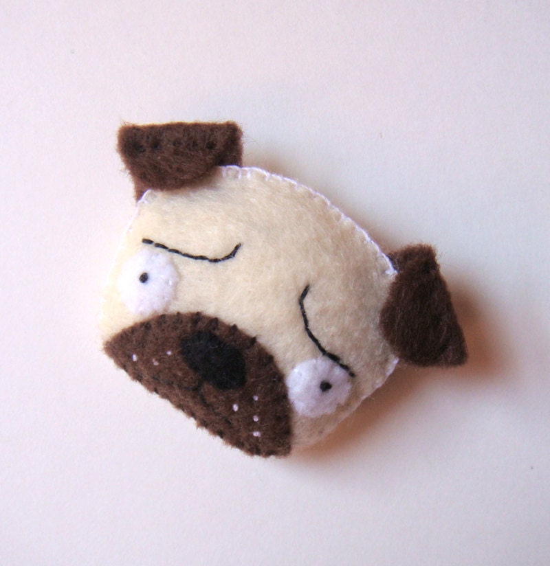 Pug Dog Brooch Felt Animal Pin Vanilla Cream White Chocolate Brown Funny Cute Pet