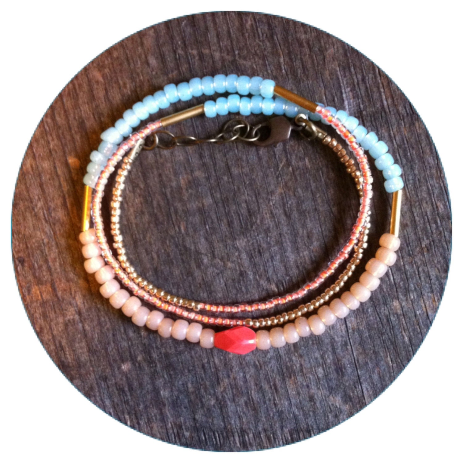 wrap bracelet, necklace - neon pink, dusty pink, sea blue, brass tube and gold seed beads