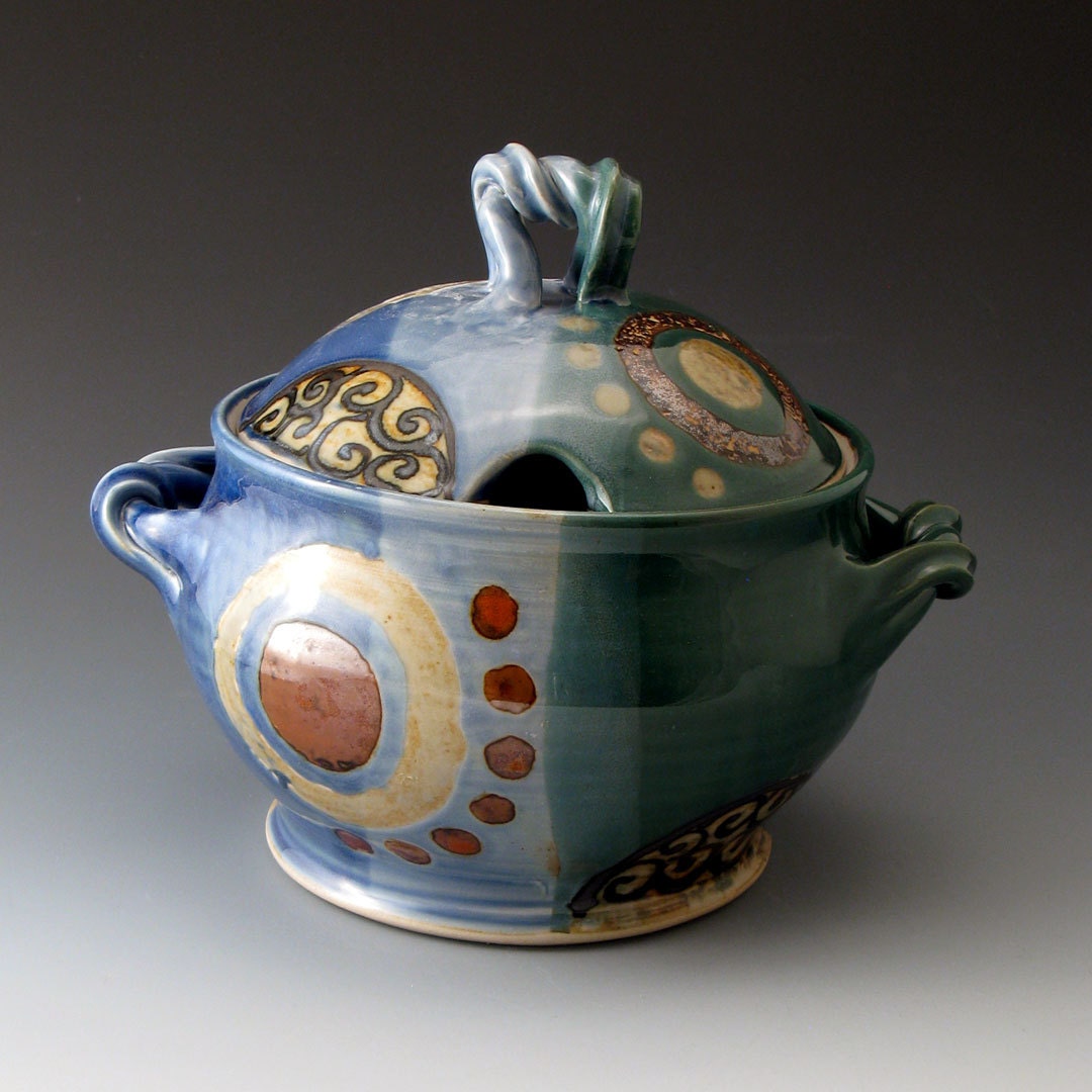 Soup Tureen - Blue and Green - Handmade Lidded Casserole