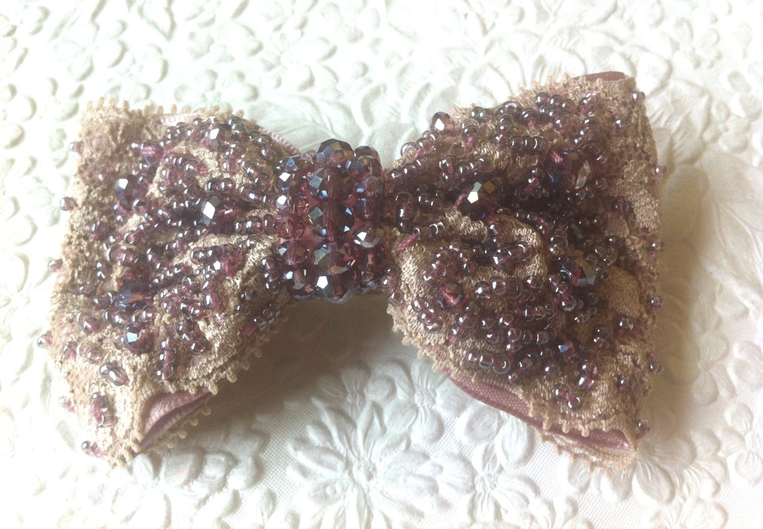 One pink embellished beaded lace bow barrette - gatsby twenties inspired hair accessory all hair types