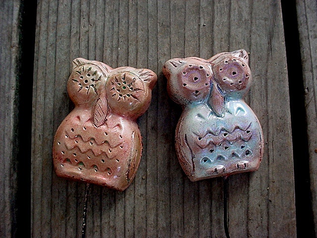 Set of two owls plant sticks garden or flower pot