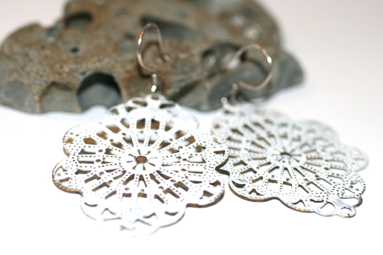 Shabby Chic Vintage Antiqued Faux Patina Filigree Sterling Silver Earrings