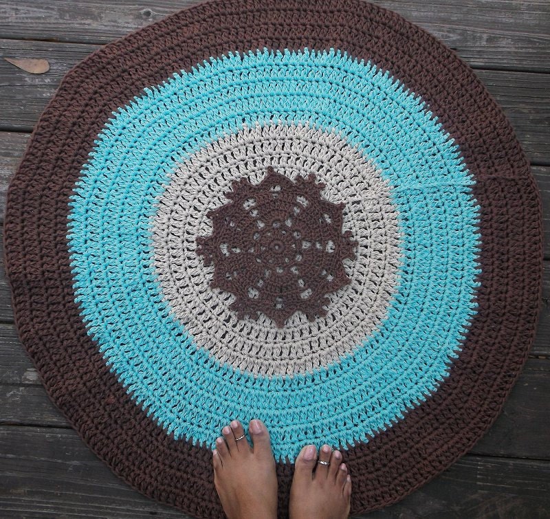 Brown, Aqua Blue and Dark Linen Crochet Round Cotton Rug 36" with Rug Pad READY TO SHIP
