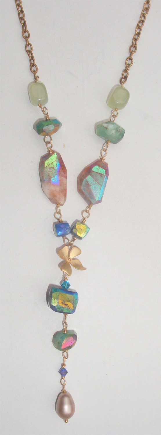 Hand crafted with natural hand cut gemstone Y necklace
