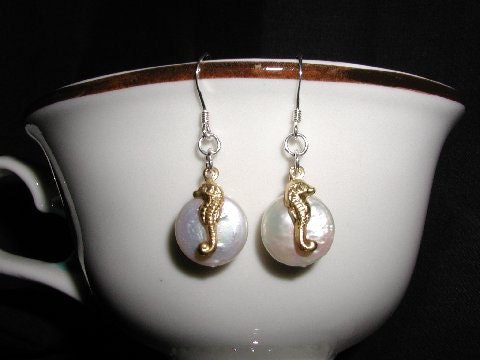 Coin Pearl Dangle Earrings with Gold Seahorse