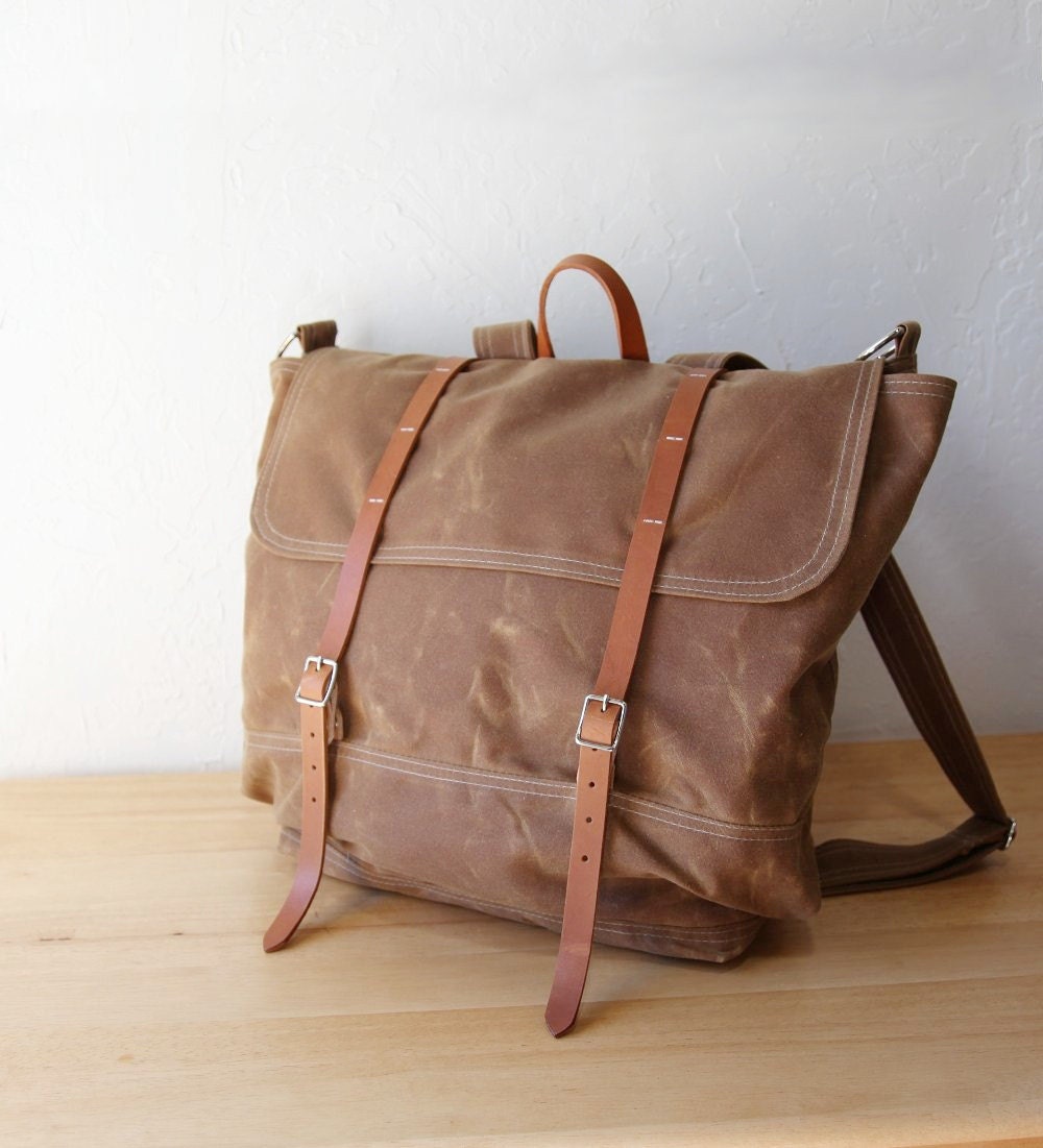 Waxed Canvas Backpack // Rucksack // Leather Straps // in Saddle Brown // Organic Cotton Lining
