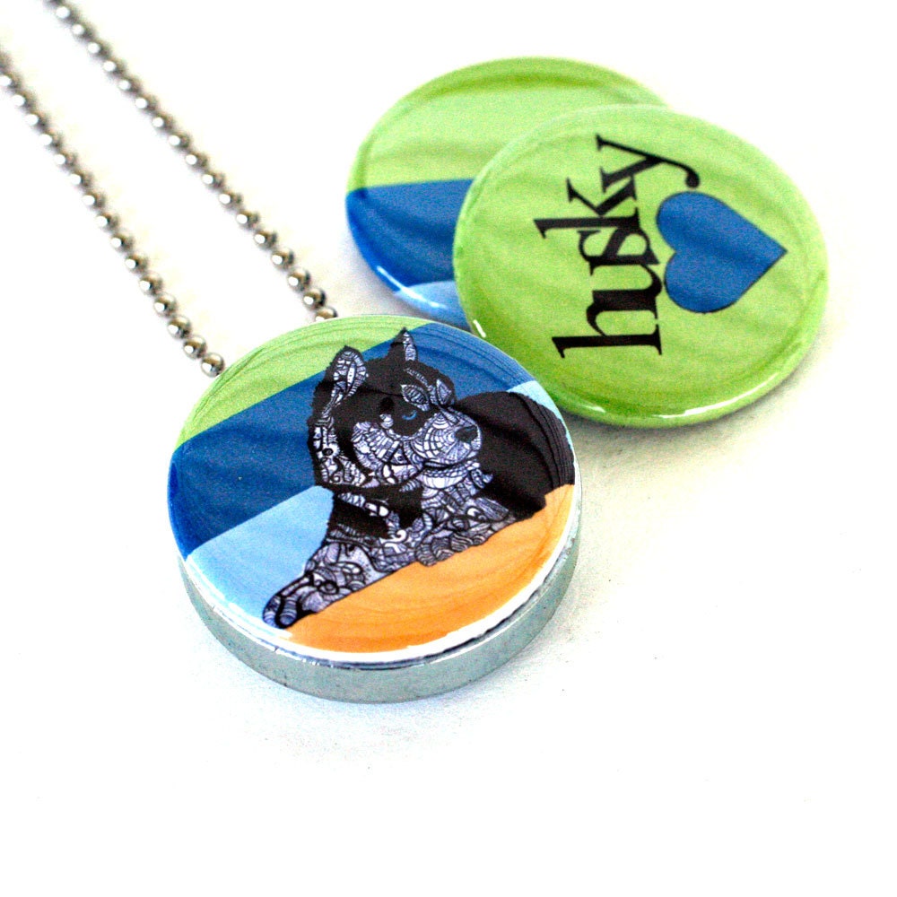 Husky Dog Locket Necklace - Recycled Jewelry - Siberian Husky Necklace by MayhemHere and Polarity