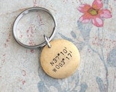 Latitude Longitude Coordinates Keychain.. Hand Stamped GPS customize charm .. Round pendant in Copper, Silver, Gold . Father's Day Gift