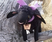Black Woolie Lamb Soft Sculpture Lamb Doll with Lilac Bow