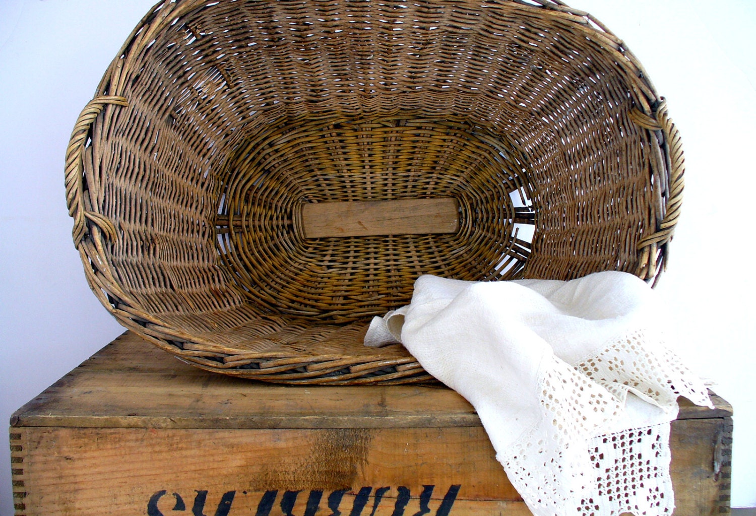 Antique French Country Wicker Laundry Basket Handles