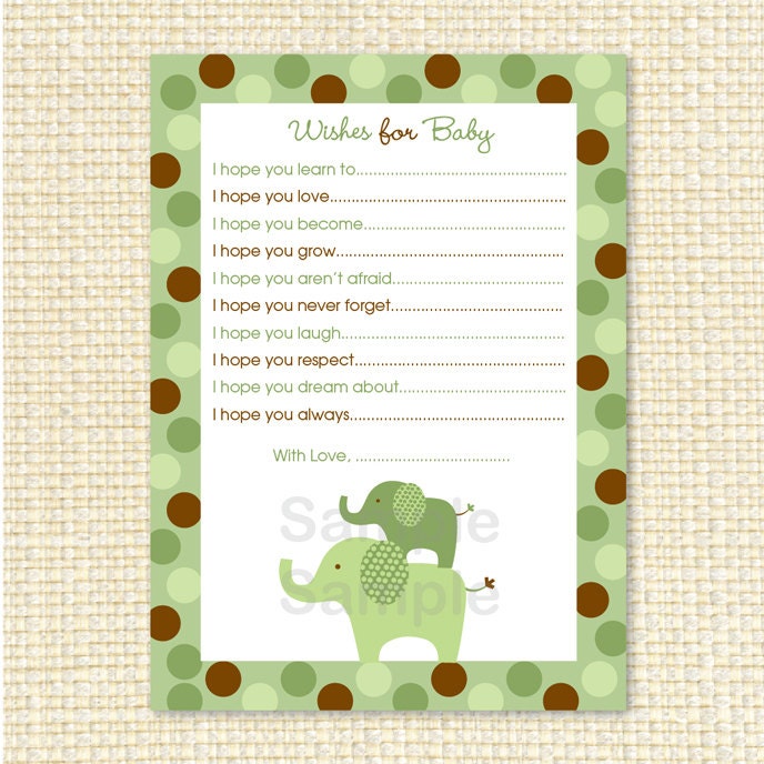 Mod Elephant Green Printable Wishes for Baby Advice Cards INSTANT DOWNLOAD