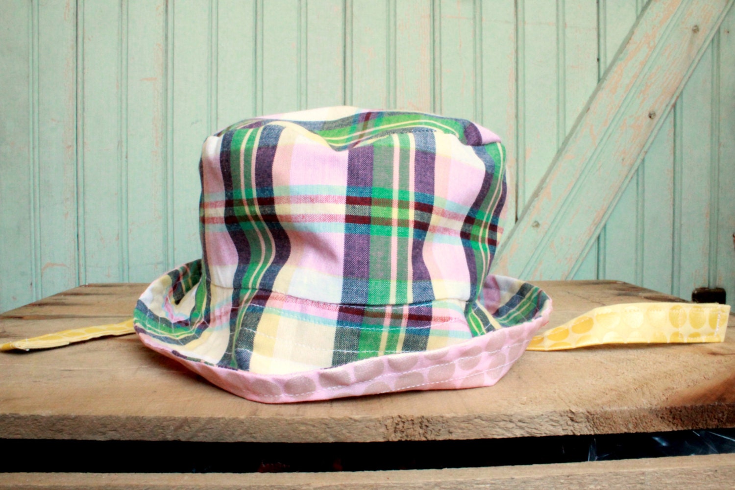 Reserved Trick Sun Hat - no straps- Pink Madras Plaid Bucket Cap Summer Beach Hat