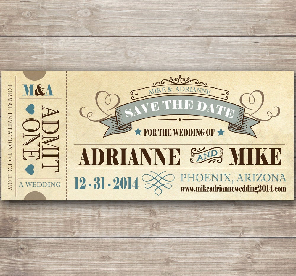Vintage Fairytale Save the Date Ticket Announcement Printable PDF File for DIY
