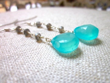Aqua blue chalcedony with labradorite stones sterling silver earrings