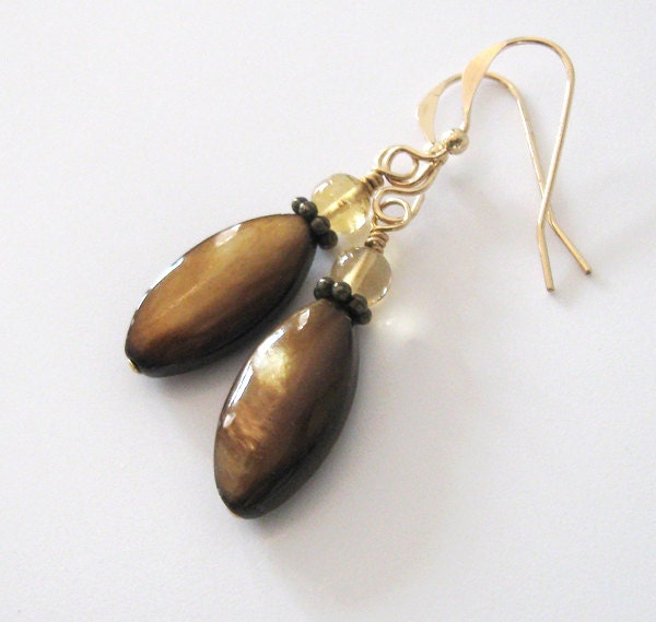 Iridescent Shell Earrings, Citrine and Golden Brown Mother of Pearl Beads, Goldfilled Hooks