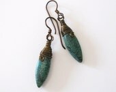 Teal Chrysocolla Jasper Earrings Bronze Wire Wrapped , Niobium Hooks