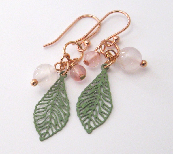 Pink Chalcedony Earrings Filigree Leaves Gemstone Beads, Dangle