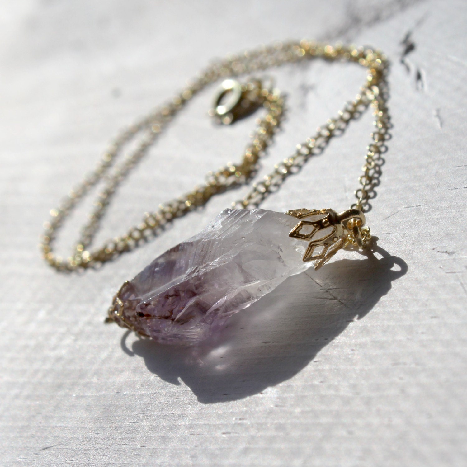 Raw Amethyst Purple Quartz Necklace on Gold or Silver 18 inch Necklace Chain