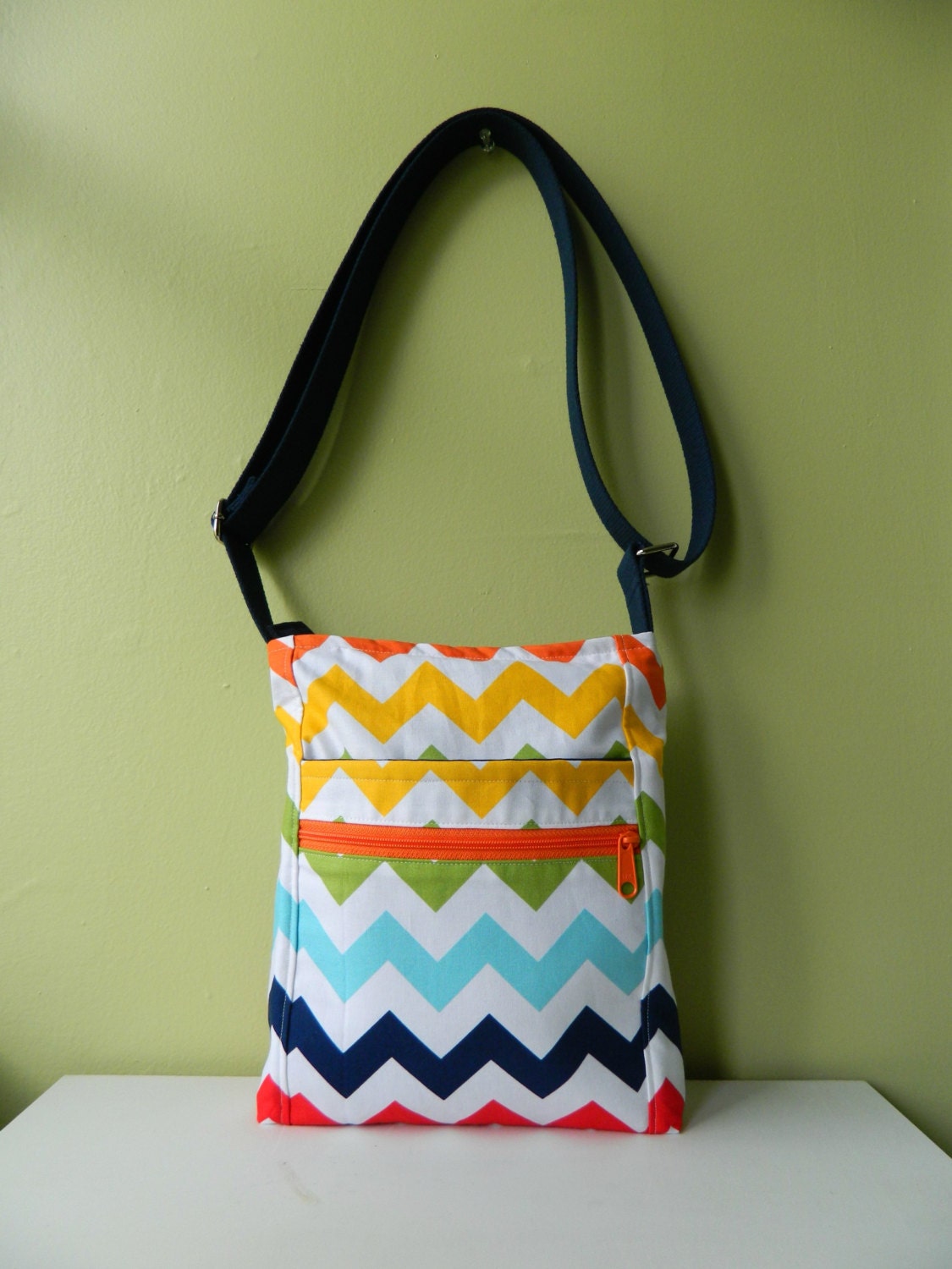 Two Zip Hipster- Rainbow Chevron Zipper Purse with Adjustable Strap