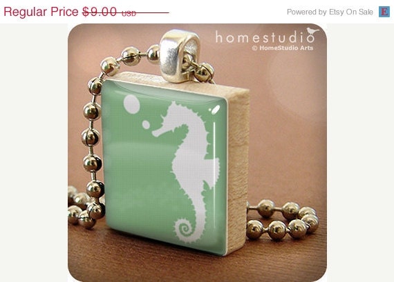 Moving Sale - SEAHORSE (Green) : a pendant charm made from a Scrabble Game Tile game piece
