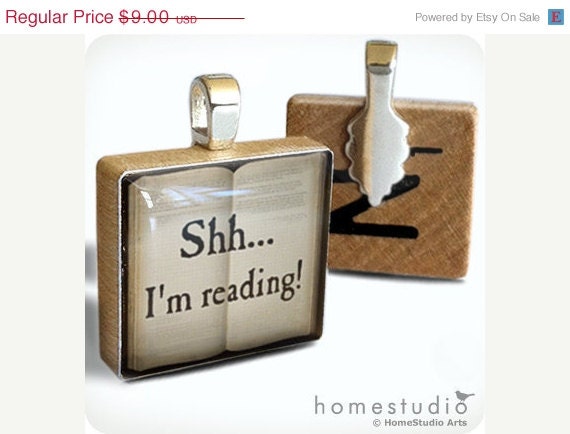 Moving Sale - Shh I'm Reading - necklace Charm handmade with Scrabble Wood Tile ... Jewelry Art by HomeStudio