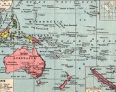 Vintage Oceanie French Petit Larousse Color Map Pacific Ocean Australia