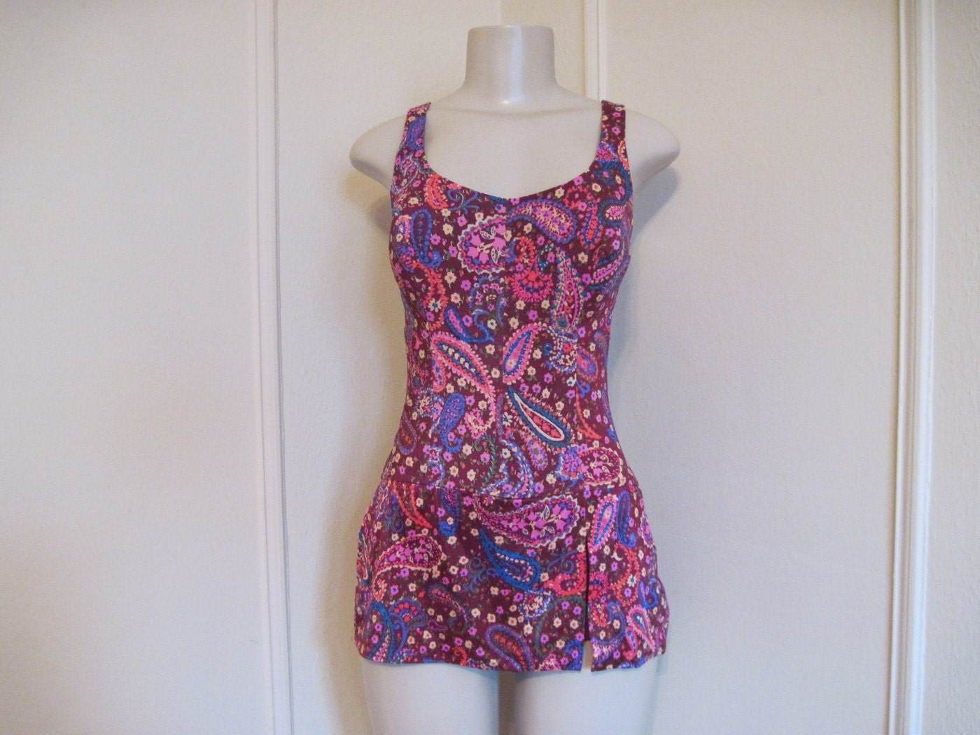 1960s Paisley Skirted Swimsuit - burgundy, hot pink, teal, purple - vintage size 14/36 C cup, medium to large