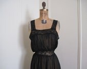 1960s Sheer Black Lace Nightie - nightgown, lingerie, slip dress - size medium to large