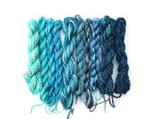 10 mini-skeins, hand dyed thread, assorted fibres - dark blue, navy blue, sky blue, light blue, blue grey, turquoise