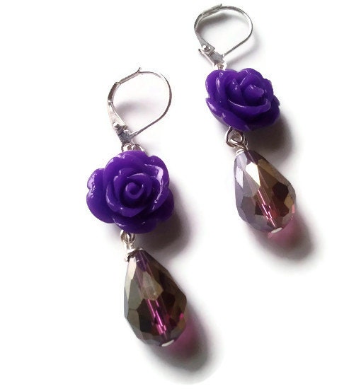 Purple Rose and Teardrop Earrings